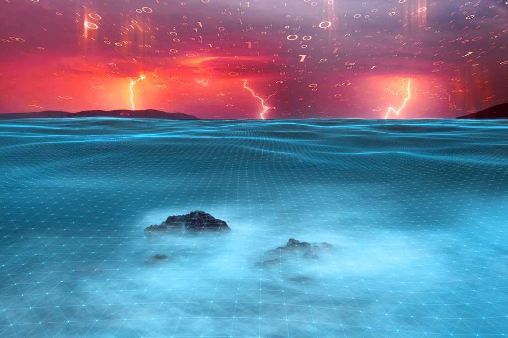 Cloud security threats > Lightning strikes a digital landscape via binary clouds.