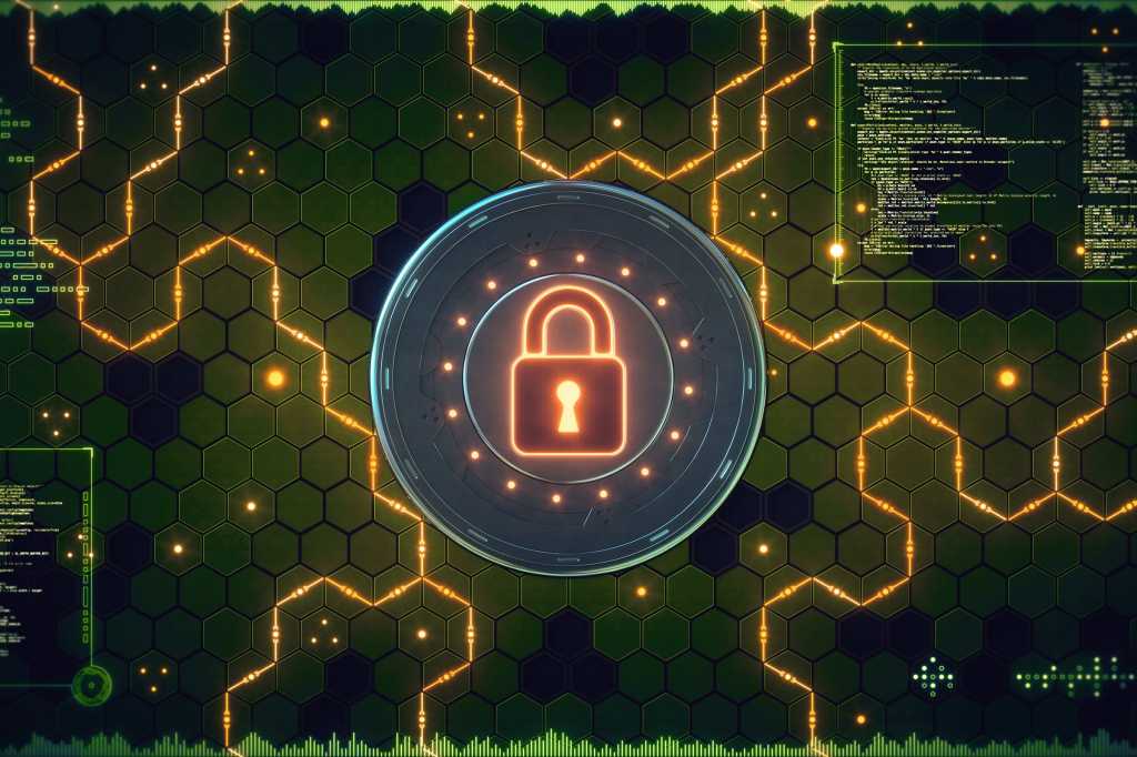 Conceptual cybersecurity system locks down a network of interconnected elements and code.