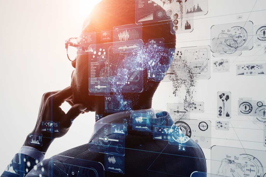 Multiple-exposure silhouette with data overlay.  [ intelligence / analysis / strategy / creativity ]