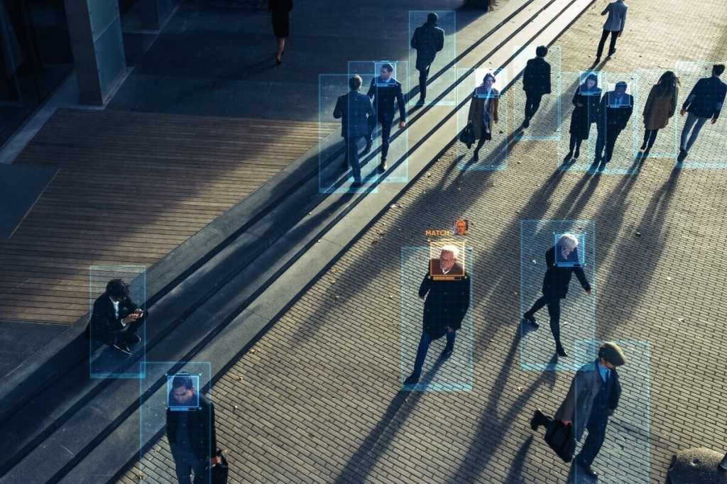 tracking cctv ai facial recognition camera zoom recognizes person surveillance scanning crowd peopl