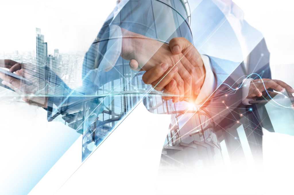 Digital technology, Business network connection, Teamwork, Deal, Partnership and data exchange, Investment analysis, planning and  strategy. Businessman working with digital device on smart city.