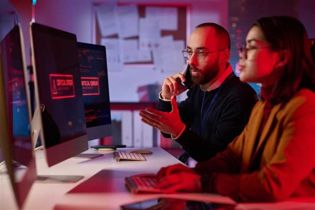 Portrait of agitated cybersecurity team working in emergency mode with critical error message on computer screen
